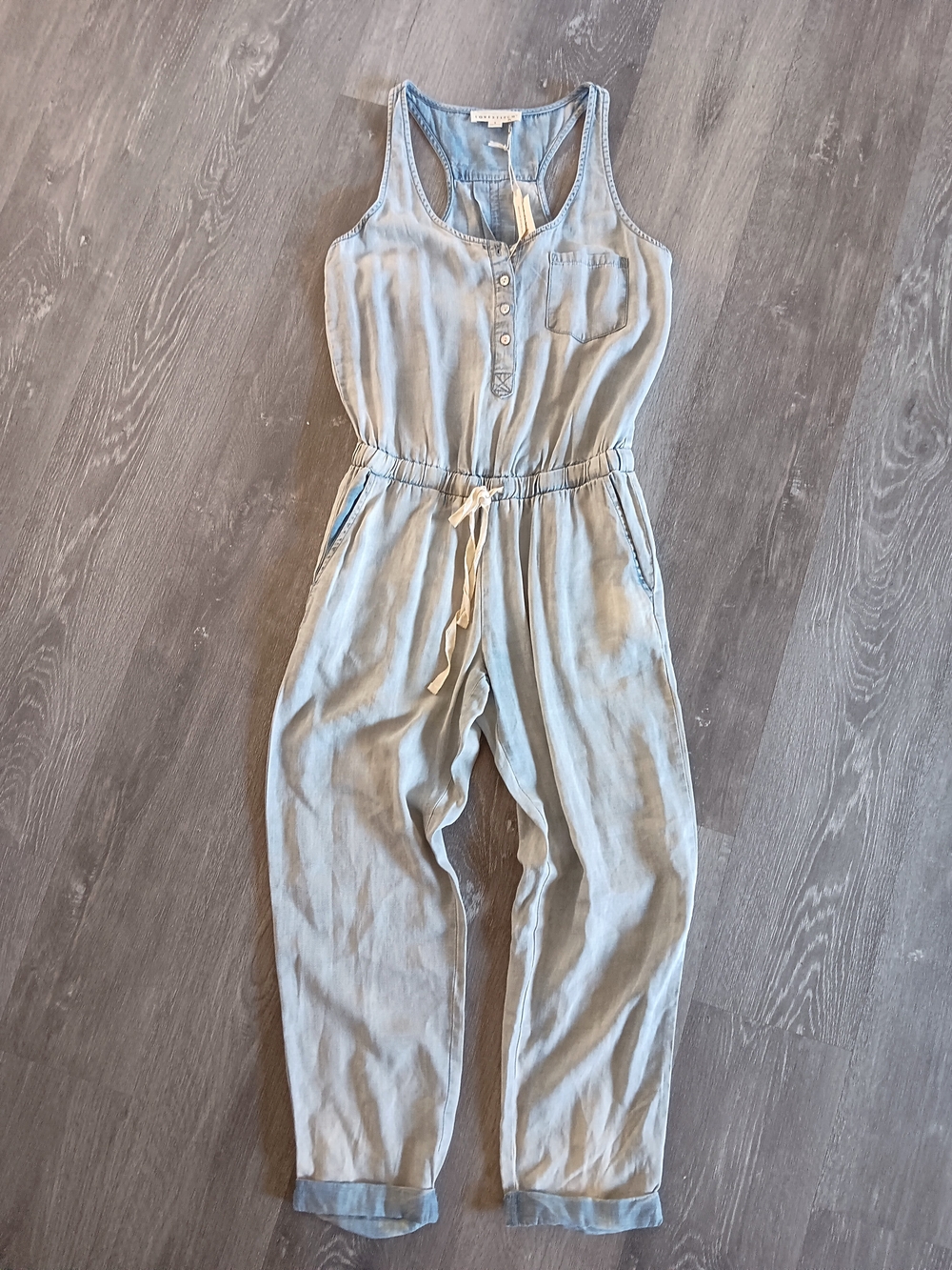 Vici Lovestitch Vintage Sunfaded Wash Denim Sleeveless Tie Waist Jumpsuit Small